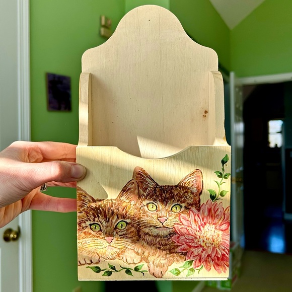 Other - Vintage Wooden Hand Painted Kitty Cat Home Envelope Mail Organizer Storage Box